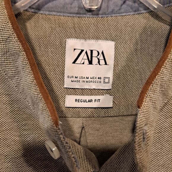 Zara Regular Fit button-down shirt heathered pale green suede elbow patch Mens M - Picture 2 of 7